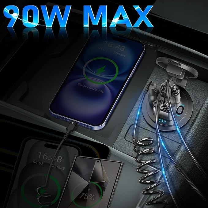 12V USB C Outlet 90W 4 Ports Car Charger Socket, Dual PD 36W and Dual QC 18W Car USB Port 12V Charger with Button Switch and C to C Cable, Suitable for Boat Marine Bus Truck Golf RV Motorcycle