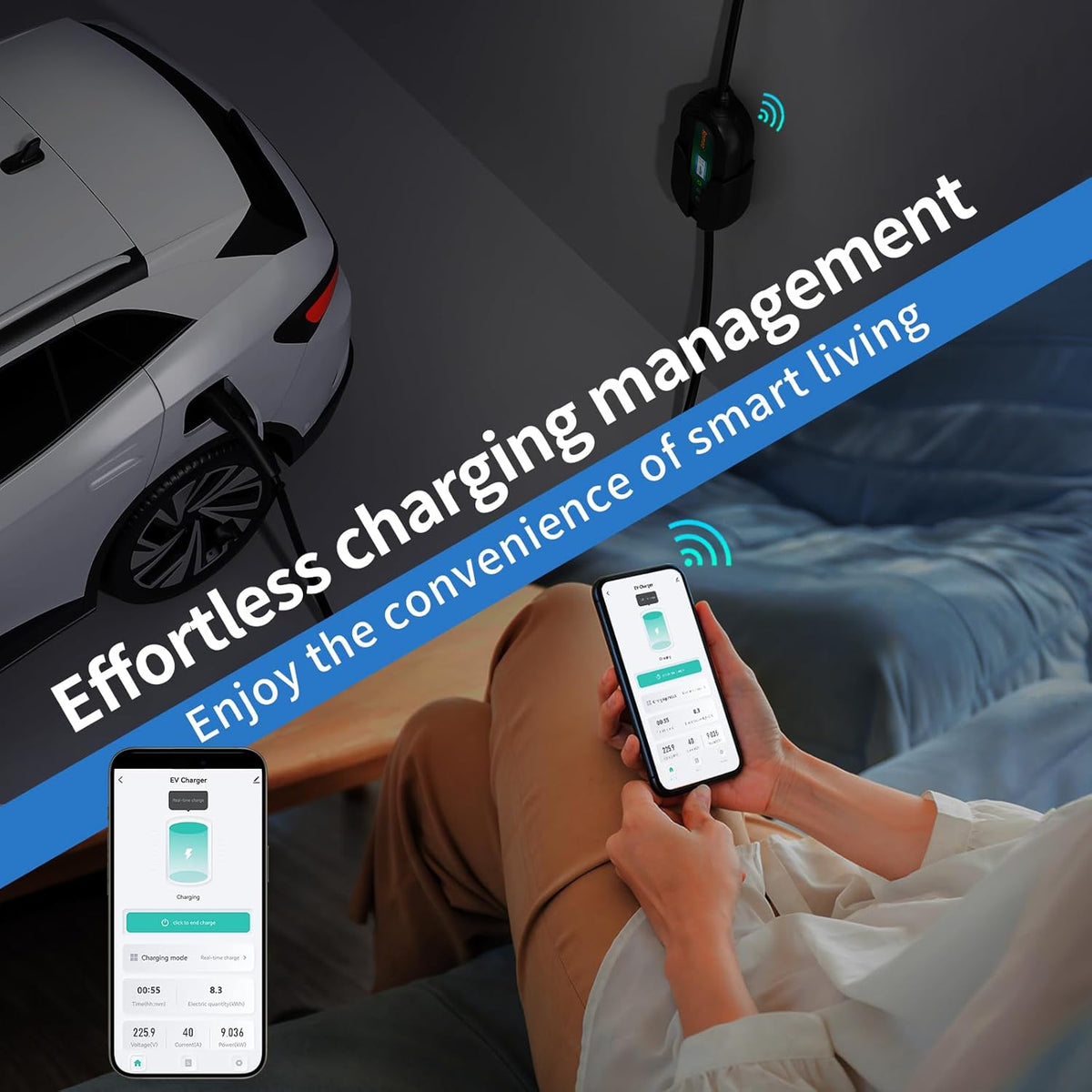 Romaa Level 2 EV Charger Portable Level 2 with 40A, 240V, NEMA 14-50, 25ft Cable, J1772 Charger, Adjustable Current, Delay Timer, EV Chargers for Home Level 2, App Control, FCC & ETL Certified