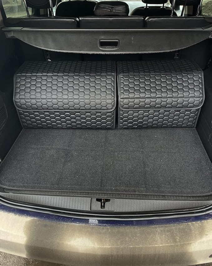 Owleys Car Storage Organizer Bundle - Two Foldable Crates For Groceries, Gear & Trips - Durable SUV And Truck Storage Set - Thoughtful Birthday Gifts For Drivers (Black 17+21)