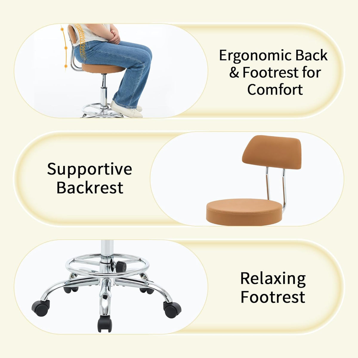 Rolling Stool with Back, Adjustable Tattoo Rolling Chair 19.5’’-26.6’’, Camel Brown Hairstylist Stool with Wheels (Camel Brown)