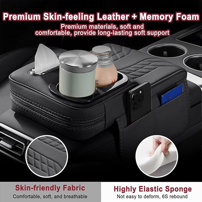Car Armrest Storage Box for Cadillac XT4 2018–2025 2020 2021 2022 2023 2024, Sport-Style Center Console Organizer with Side Pocket, PU Leather Armrest Cushion, Elbow Support Pad,B White
