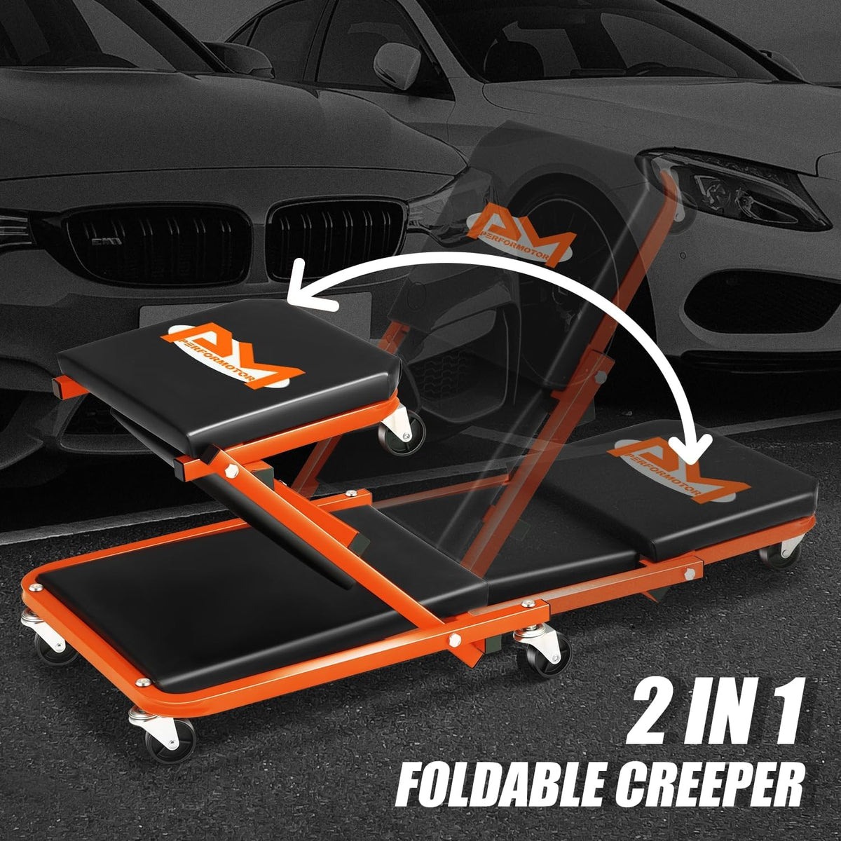 PM PERFORMOTOR 36 Inches Folding 2 in 1 Rolling Z Creeper, Adjustable Roller Garage Chair Lay Down or Sit, 6 Pcs 2" Casters, 150kg Weight Capacity, OrangePM-TOL-CPS36-OG