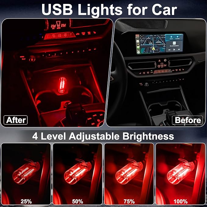 2 PCS Car USB Lights, Plug-in Retro Car Atmosphere Lamp with Touch Dimmable, Portable Mini Glass Bottle LED Bulb Night Lights for Vehicle Bedroom Hallway Camping Holiday Decoration (Red)