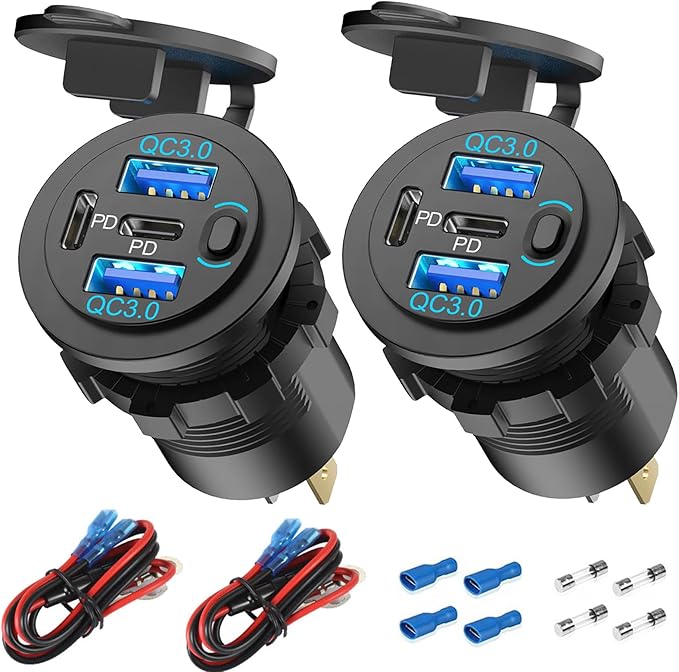 2 Pack 12V USB Outlet 4 Port Car Charger, 78W Super Fast Dual PD3.0 & QC3.0 Multiple USB Port for Car, USB C Cigarette Lighter Replacement 12 Volt Socket Waterproof for Marine Boat Motorcycle RV Golf