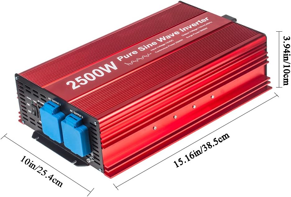 2500W Pure Sine Wave Inverter 12V to 120V AC with 2 AC outlets, DC5V 2 Amp USB Output, LCD Display Wire Remote kit and Heavy Duty Battery Cables.