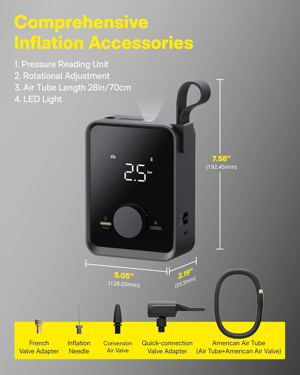 HOTO Tire Inflator Portable, Electric Air Pump Pro for Car Tires with Digital Pressure Gauge 120PSI, Cordless Tire Pump with 12V Motor, 7500mAH Battery, Air Compressor for Car, Motorcycle, Bike, Ball