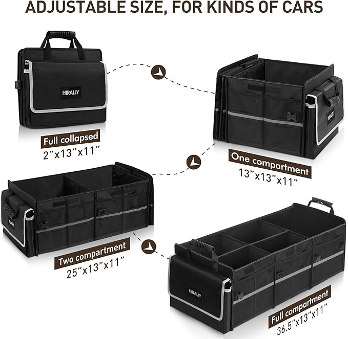 HIRALIY 4 in 1 Car Trunk Storage Organizer with Leakproof Cooler Bag, Multi-Compartment Foldable Trunk Storage Box for Car Truck SUV Black