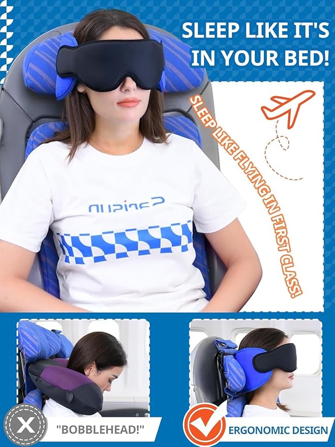 Travel Pillow for Airplanes, Airplane Pillow with Eye Mask, Travel Pillows for Long Flight Sleeping, Travel Neck Pillows for Road Trip Car Headrest, Stop Bobble Head Neck Pain, Dark Grey