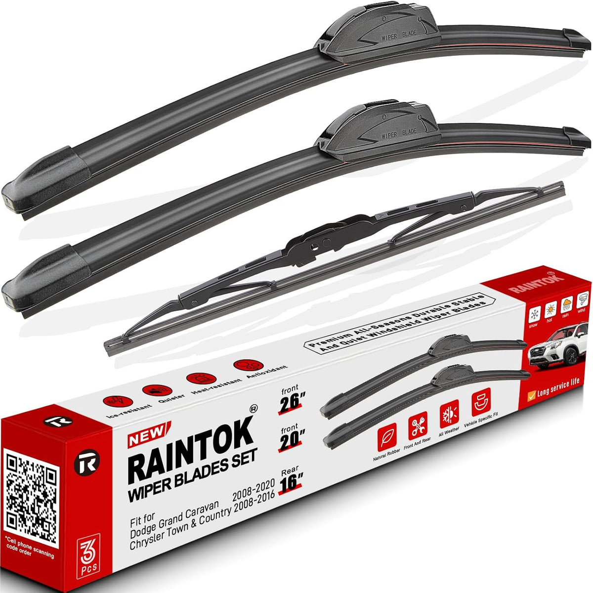 Windshield Wiper Blades Replacement for Dodge Grand Caravan 2008 2009 2010 2011 2012 2013 2014-2019 Original Factory Quality Front Rear Wipers Blade Set for Car - 26" 20" 16" (Piece of 3)