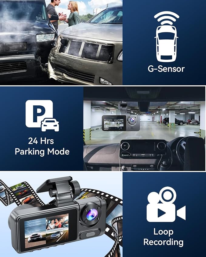 3 Channel Dash Cam for Cars Front Rear Inside, 4K WiFi Dash Cam w/ 32GB Card, 2.0" IPS Screen Dashboard Camera Recorder with App Control, G-Sensor, Loop Recording, Night Vision, Parking Monitor