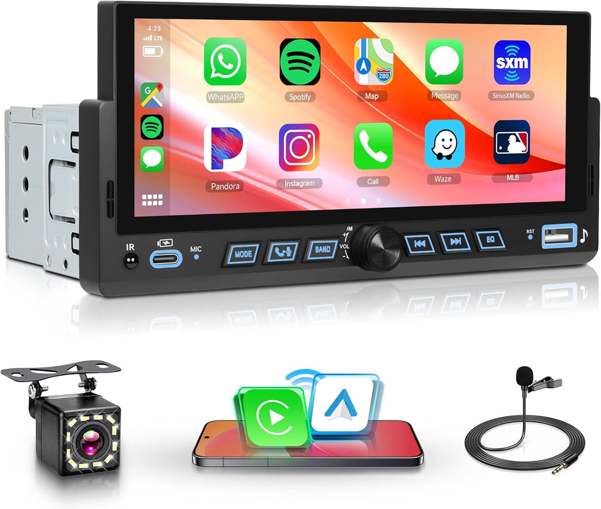Car Stereo Single Din Wireless Carplay 6.86 inch Touch Screen Android Auto, Rimoody Car Radio with Bluetooth 5.2 Mirror Link FM/EQ USB/AUX/TF/SWC/MIC Car Audio Receiver with Backup Camera
