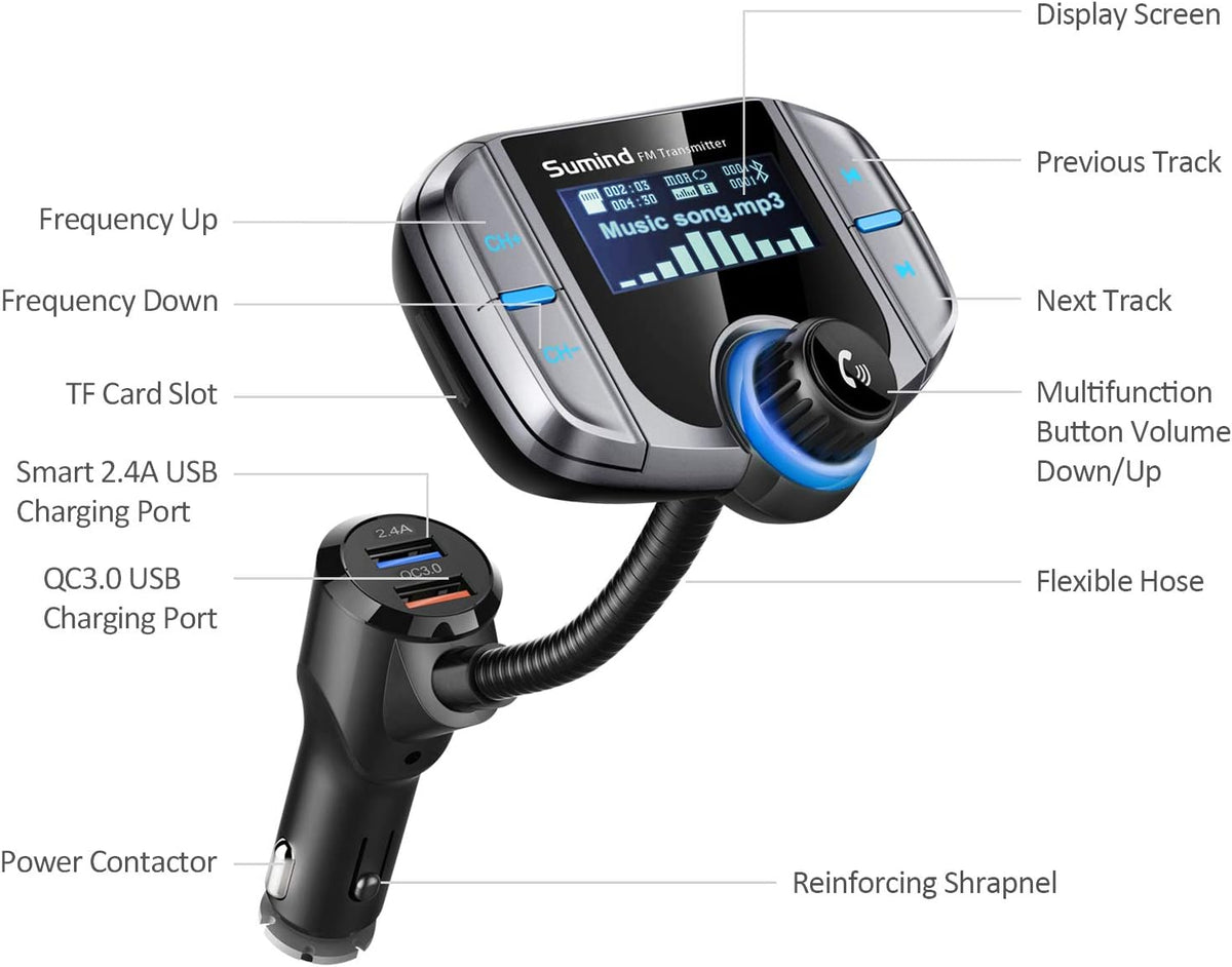 Upgraded Bluetooth FM Transmitter, Wireless Radio Adapter Hands Free Car Kit with 1.7'' Display, QC3.0 and Smart 2.4Amp Dual USB Ports, AUX Input/Output, TF Card Mp3 Player (Normal, Sliver Grey)