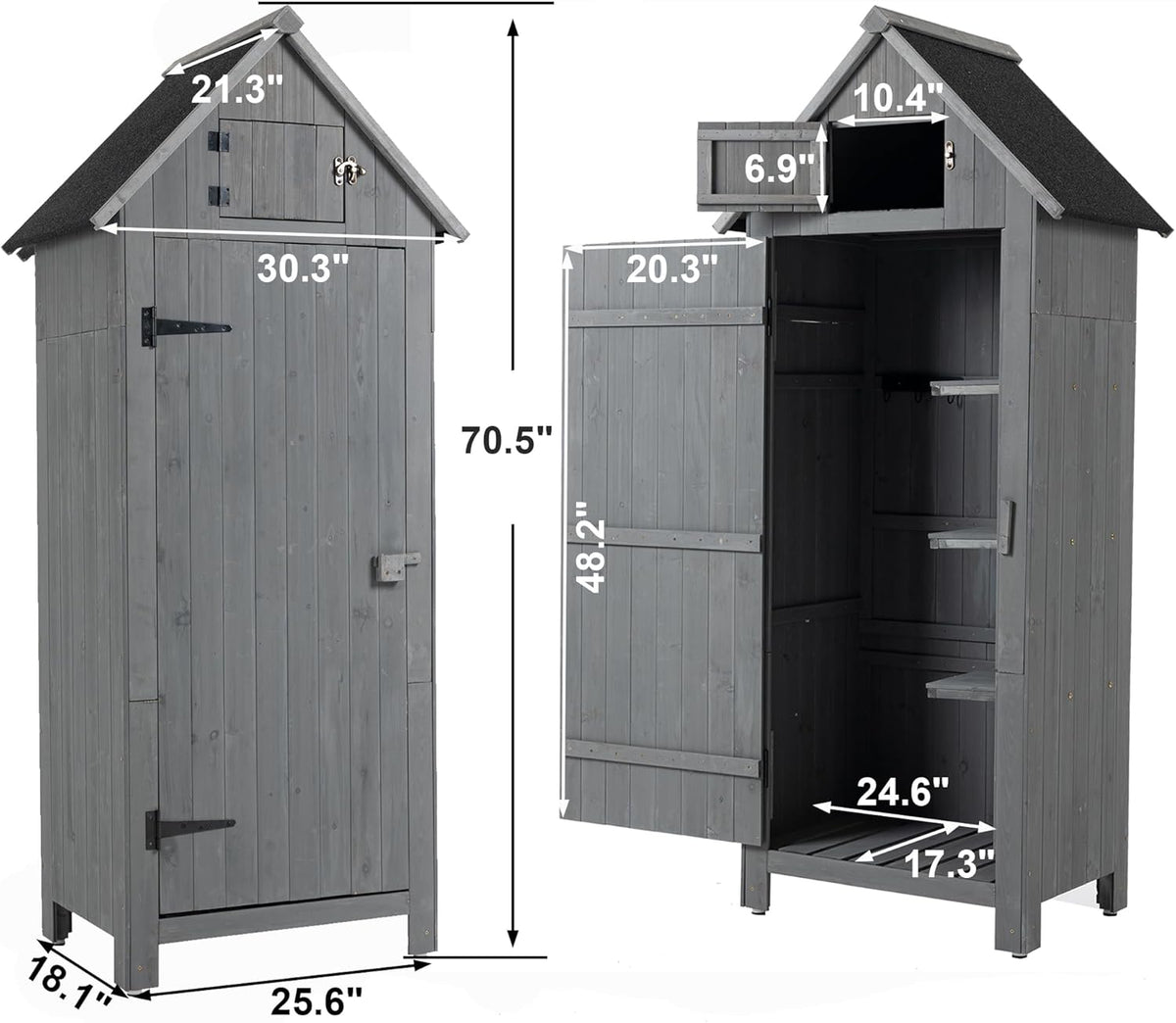 30.3" L X 21.3" W X 70.5" H Outdoor Storage Shed with Waterproof Roof, Solid Fir Wood Frame, and 3 Compartments for Garden Tools, Mower, and Hose,Grey