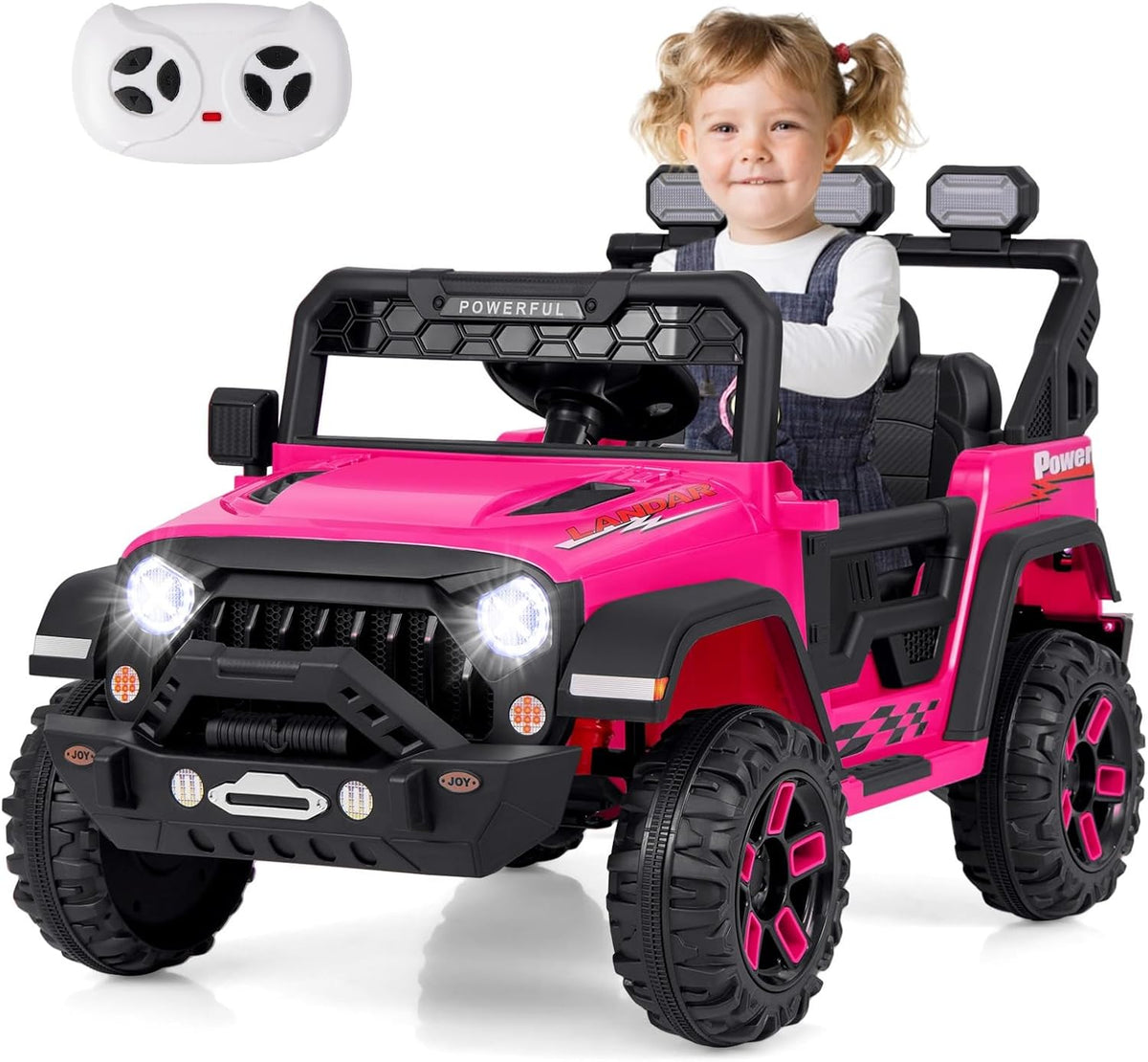Costzon Kids Ride on Truck, 12V Electric Ride on Car with Remote Control, 3 Speed & Spring Suspension, Wireless Connection, USB, Music, Light, Kids Ride on Toys for Boys Girls (Pink)