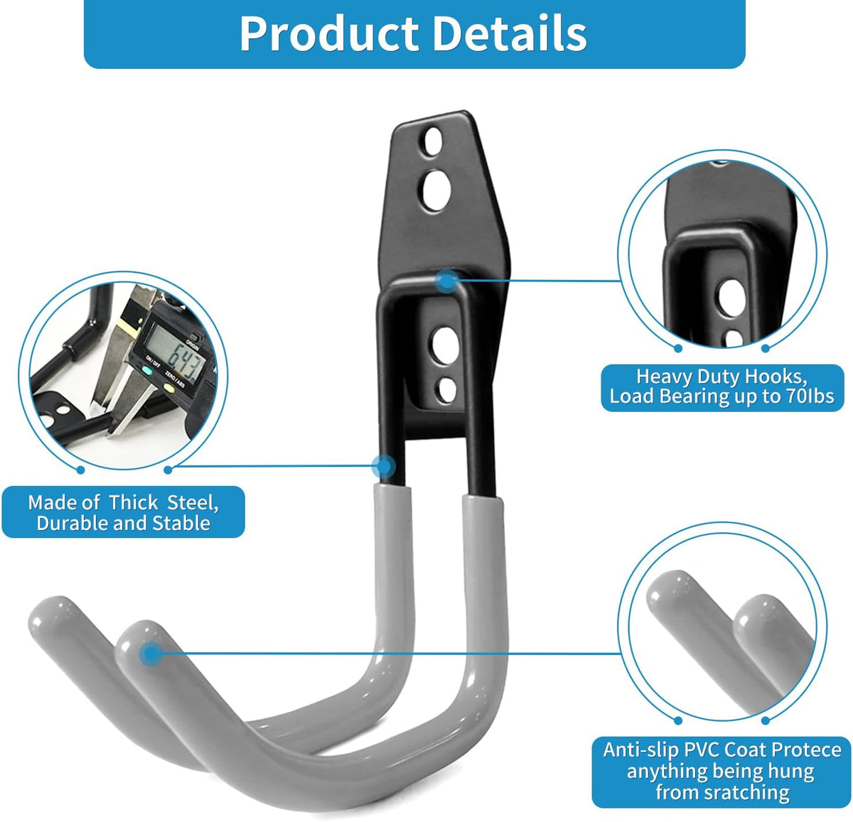 Garage Storage Utility Hooks，Garage Garden Tool Organizer，Steel Wall Mount Hooks, Large Garden U Hooks （2 Pack） (Type-2-Gray)