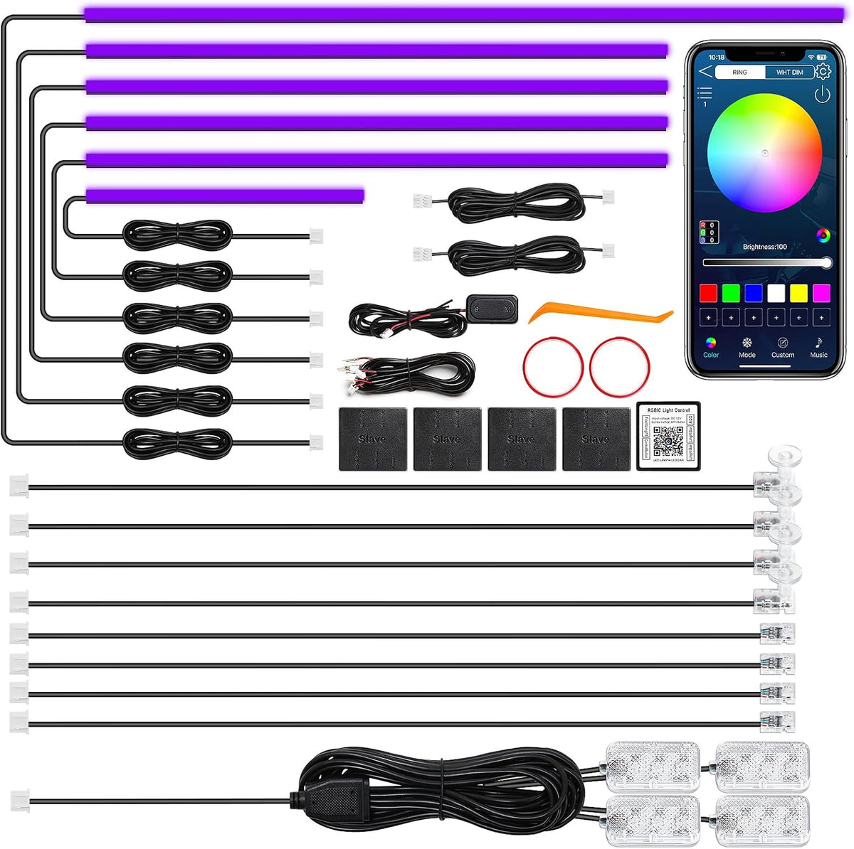 Acrylic Interior Car LED Strip Light with Wireless APP, RGB 18 in 1 with 175 inches 612 LEDs Fiber Optic Strip Lights for Car, Dual Zone Music Sync Neon Car Ambient Lighting Kits