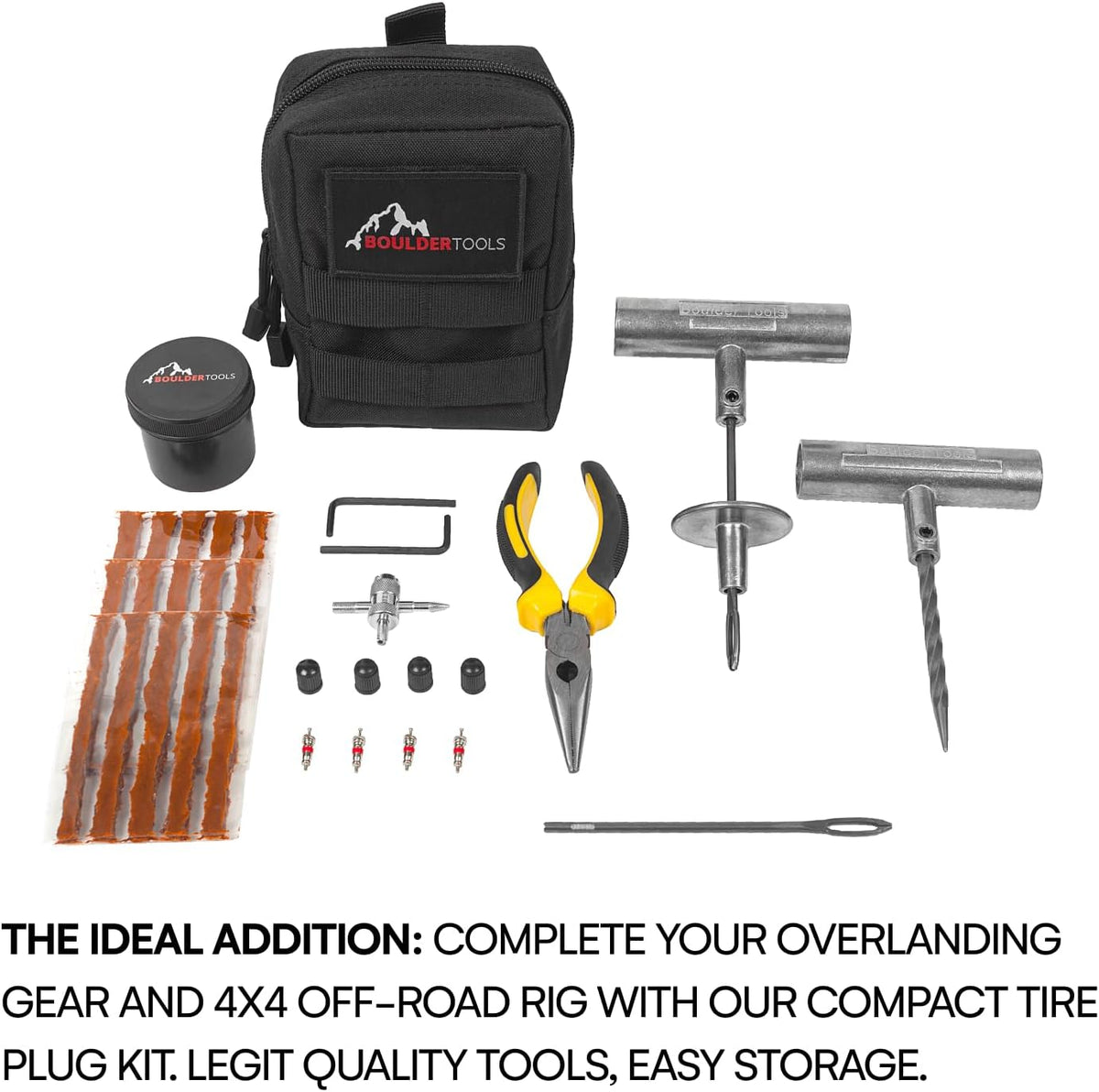 Boulder Tools - Compact Tire Repair kit with Molle Storage Pouch. Heavy Duty Universal Tire Plug Kit, Easily Stores Inside Your UTV, ATV, Truck, Motorcycle, Overlanding Gear or RV