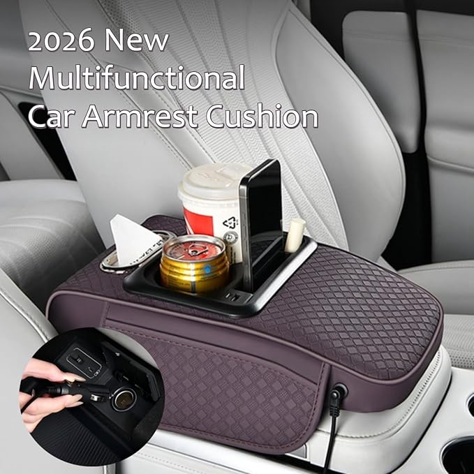 2026 Enhanced Car Center Console Armrest Cushion with USB& Type-C Charging, PU Leather Console Pad with Cup Holders, Storage& Tissue Outlet for Most Vehicles (Flat Version, Light Beige)