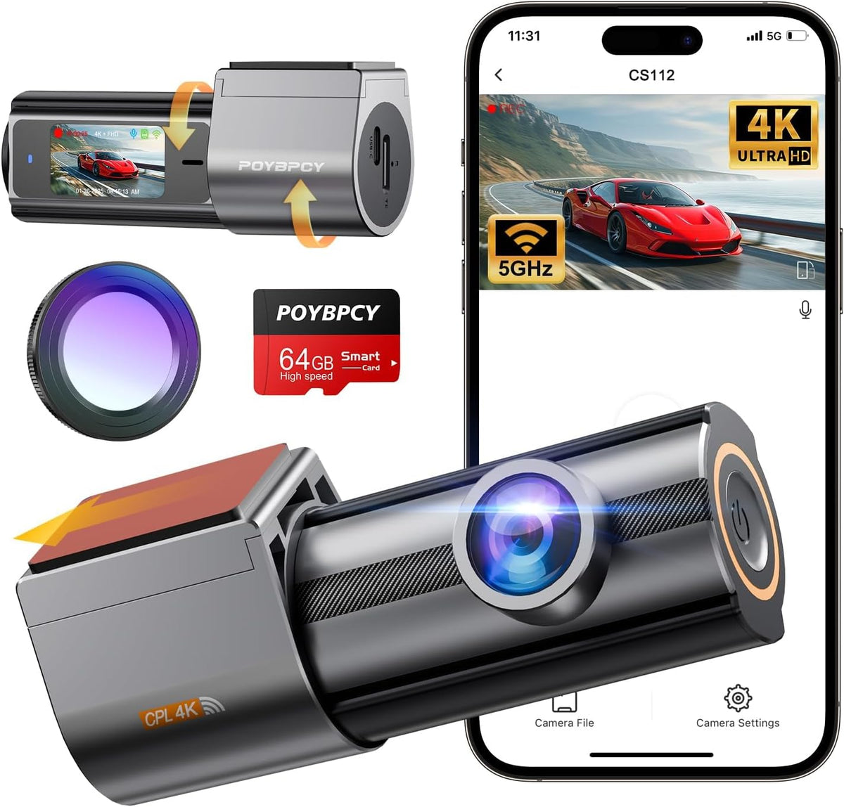 Dash Cam Front 4K, Built-in 5GHz WiFi with CPL, Car Camera Dashcam with UHD 2160P, 64GB Card, 24H Parking Monitor, Super Night Vision, WDR, G-Sensor, App Control, 170° Wide Angle, Support 256GB Max