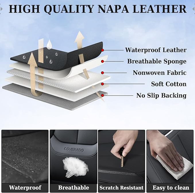 Coverado Seat Covers, Car Seat Covers Front Seats, Car Seat Cover, Car Seat Protector Waterproof, Car Seat Cushion Nappa Leather, BlackRed Seat Covers Carseat Cover Universal Fit for Most Cars