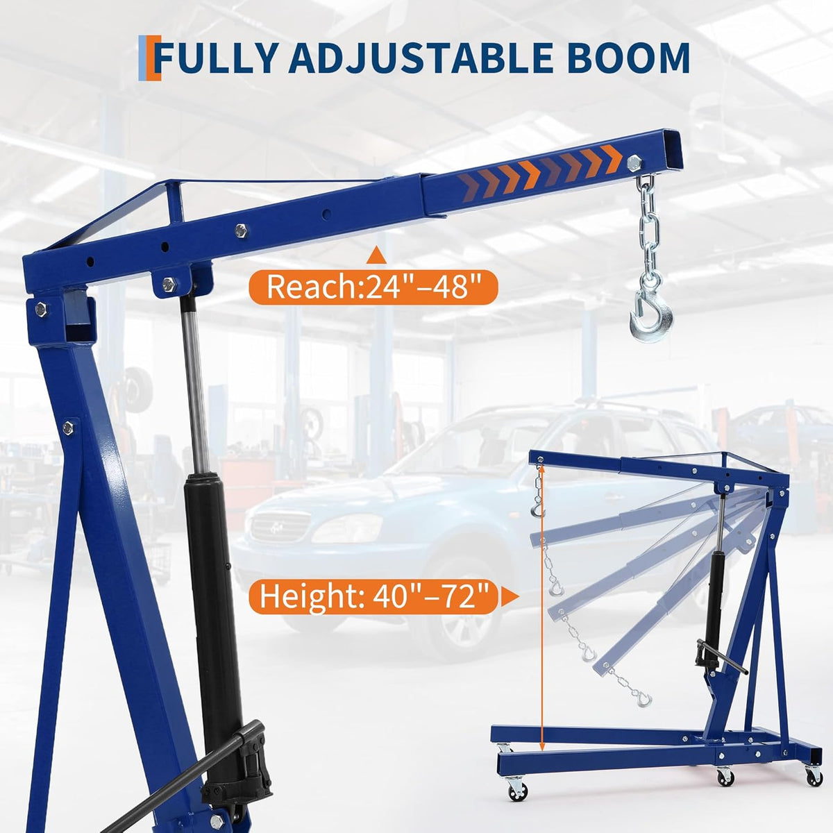 Engine Hoist Cherry Picker, 2 Ton Folding Hydraulic Engine Hoist with Telescopic Boom & 6 Casters, Heavy Duty Shop Crane Lifting Cherry Picker for Workshops Garage, Blue