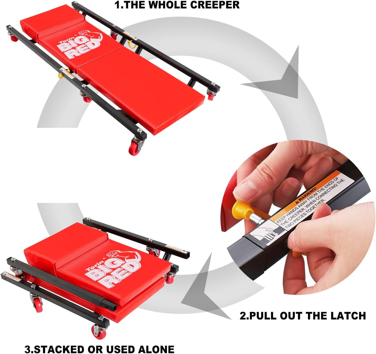 BIG RED 36" 2-Piece Padded Rolling Garage/Shop Creeper, Mechanic Cart with Headrest and 6 Casters, Red TR7565R Torin