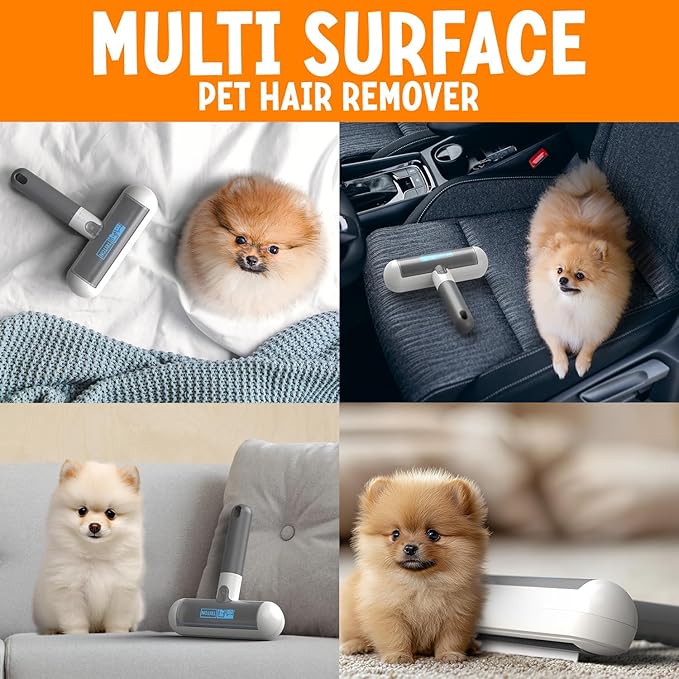 Triton Travel Pet Hair Removal Tool w/Fur Trapping Compartment and Detachable Handle, 60% Smaller Storage Size, Reusable Shedding Roller, Cat and Dog Hair Remover for Furniture, Couch (Gray/White)