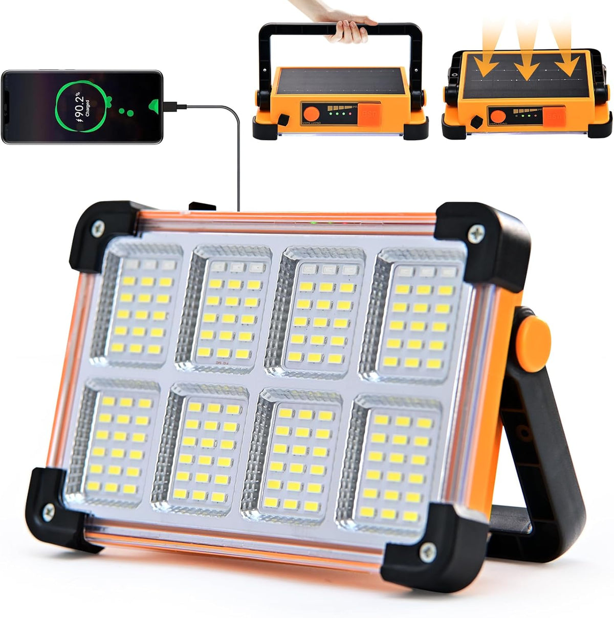 Rechargeable Solar Work Light Portable - IP66 Waterproof Job Site Flashlight with Stand, 10000LM 6600MAh Solar Flood Light for Mechanic, Camping, Car Repair, Fishing, Emergency