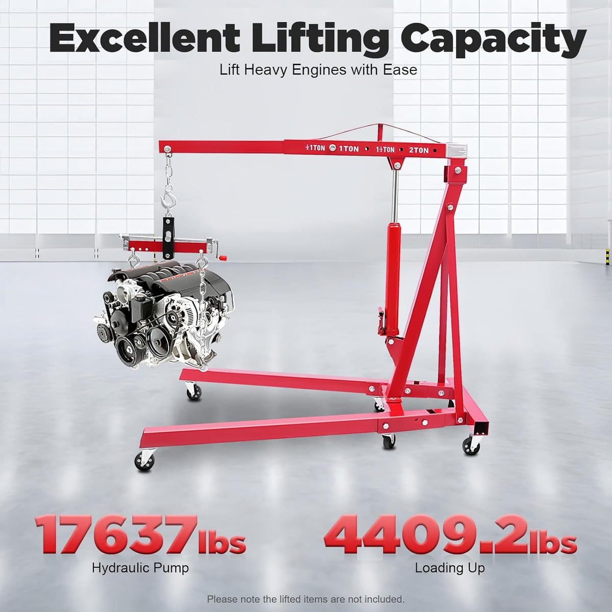 Folding Engine Crane 2 Ton Folding Engine Hoist with Engine Leveler 4400lbs Hydraulic Crane with 6 Iron Caster Wheels for Garage, Workshop (Red)