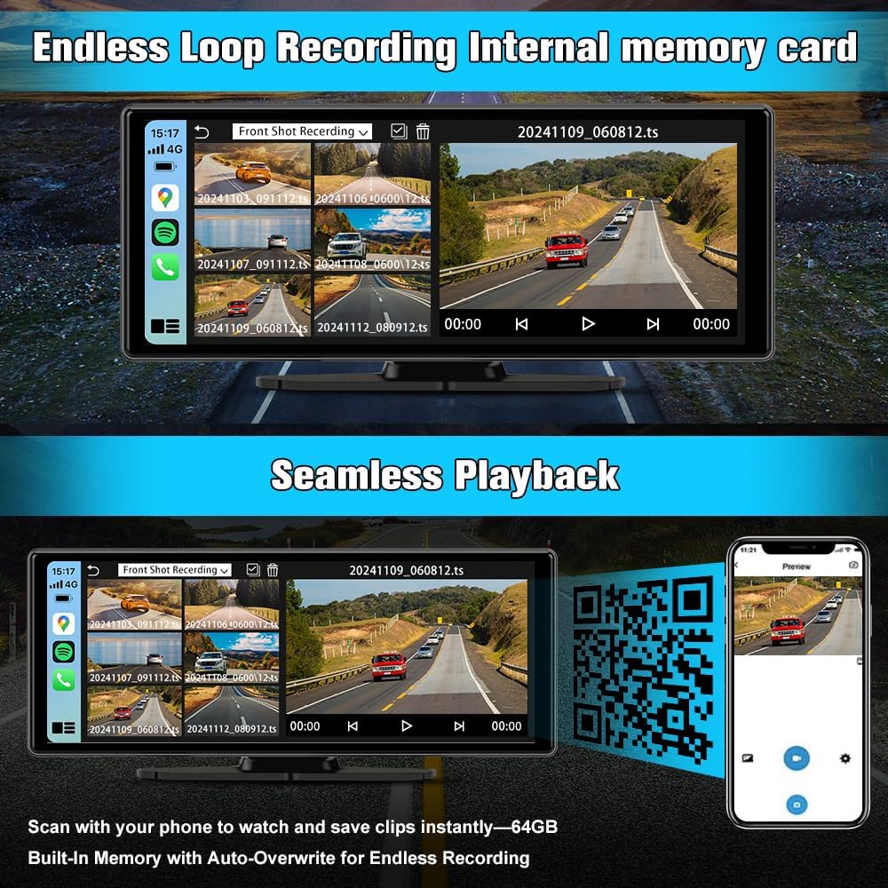 10.26" Portable Carplay Screen for Car, Wireless Carplay & Android Auto Car Stereo, Touchscreen GPS Navigation 4K Dash Cam/1080P Backup Camera/Mirror Link/Bluetooth/Voice Control