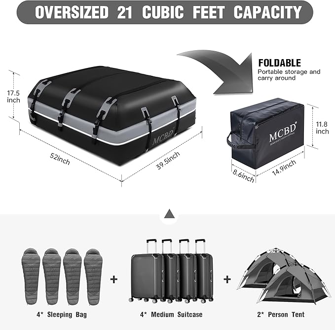 Rooftop Cargo Carrier, 21 Cubic Feet Soft-Shell Waterproof Car Roof Luggage Bag for All Vehicles SUV with/Without Rails, Includes 10 Reinforced Straps + 6 Door Hooks,Storage Bag,Anti-Slip Mat