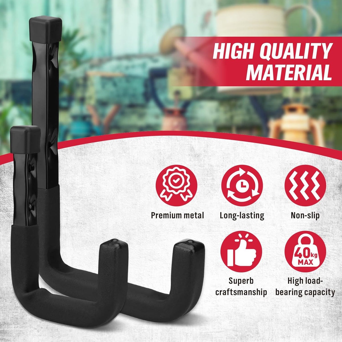 SEDY Heavy Duty Garage Storage Hooks: 4-Piece 6" & 3" Wall Mount J Utility Hooks Holds 88 LB, Large Metal Utility Hooks, Garage Storage Ladders for Bikes, Garden Tools