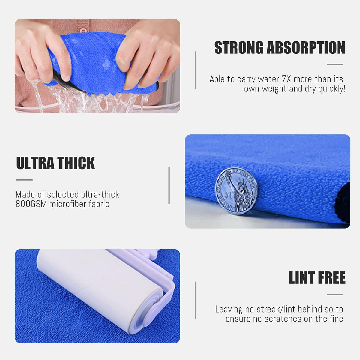Airlab Microfiber Towels for Cars Wash Drying Thick Plush Cleaning Cloth Auto Detailing Super Absorbent for Interior & Exterior Lint Free, Streak Free, 16" X 16", 800 GSM, Pack of 4