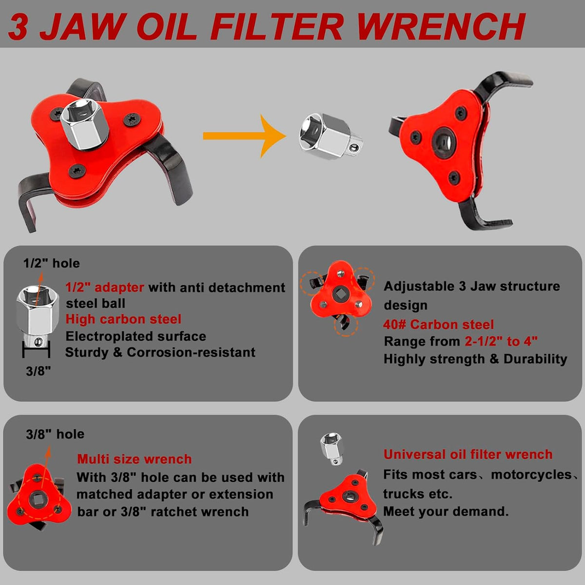 4Pcs Oil Filter Pliers Set, 3 Jaw oil filter Wrench with Flexible Plastic Funnel For Automotive Oil Change, Adjustable Oil Filter Removal Tool From 1-3/4" to 6" (Black)