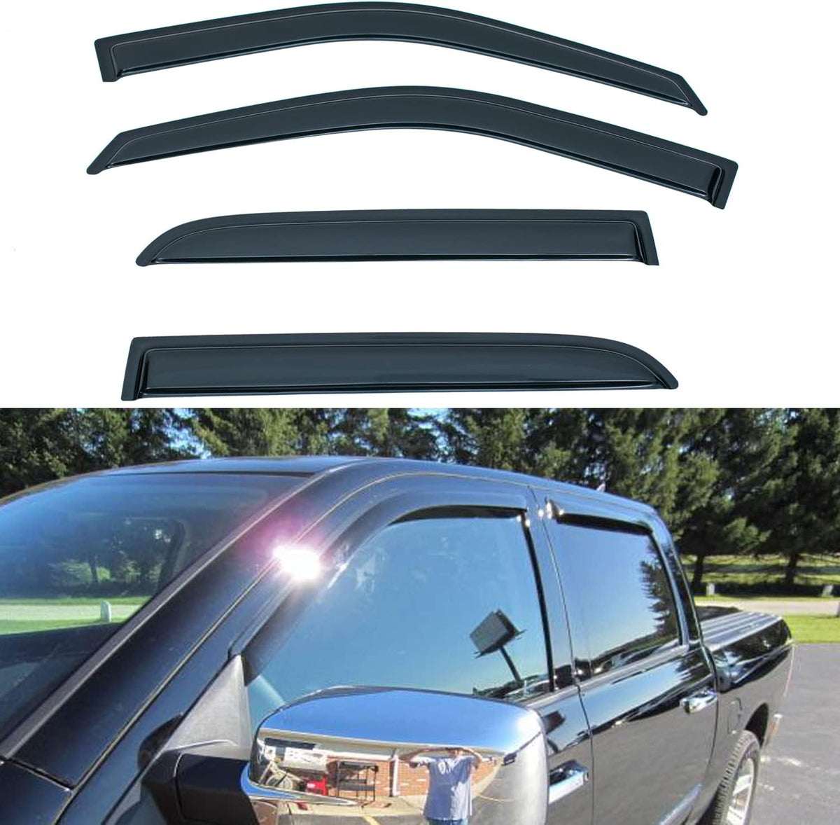 Set of 4 Window Visors Compatible with Ram 2009-2018 1500 2010-2018 2500/3500/4500/5500 Crew & Mega Cab with 4 Full Size DoorFront+Rear Smoke Sun/Rain Guard Outside Mount Tape-On Acrylic