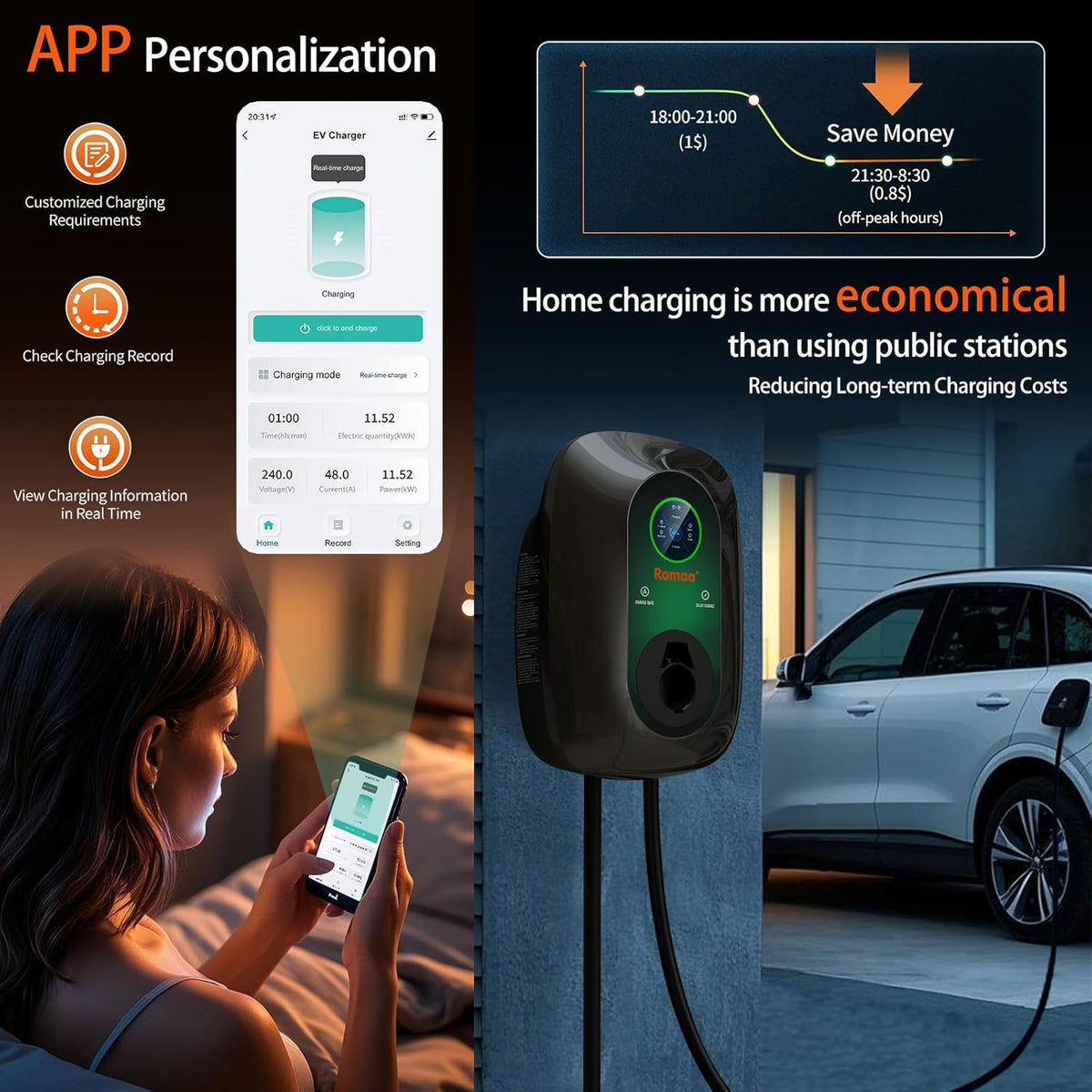 Level 2 EV Charger 48 Amp, J1772 Charger, Hardwired Electric Car Charger, APP Control, 25ft Cable, Wall Mount EV Charger Level 2 for Home, Electric Vehicle Charging Station