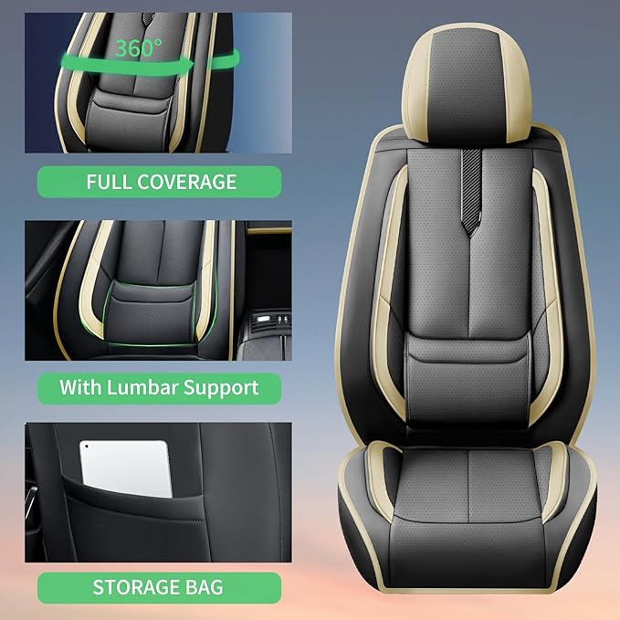 Fit Prologue Car Seat Covers for Honda Prologue 2024 2025 2026-Upgraded Premium Waterproof & Breathable Leather,Airbag Compatible,All-Weather Seat Cushion Protector,2 Front/Black-Beige