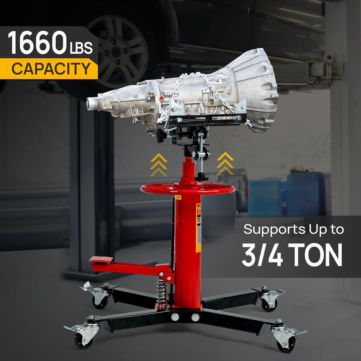 TUFFIOM Transmission Jack, 1660 lbs 3/4-Ton Hydraulic 2-Stage High Lift Vertical Telescoping Floor Jack Stand, 34" to 68" Lifting Range, w/Pedal, 360° Swivel Wheels, Garage/Shop Lift Hoist, Red