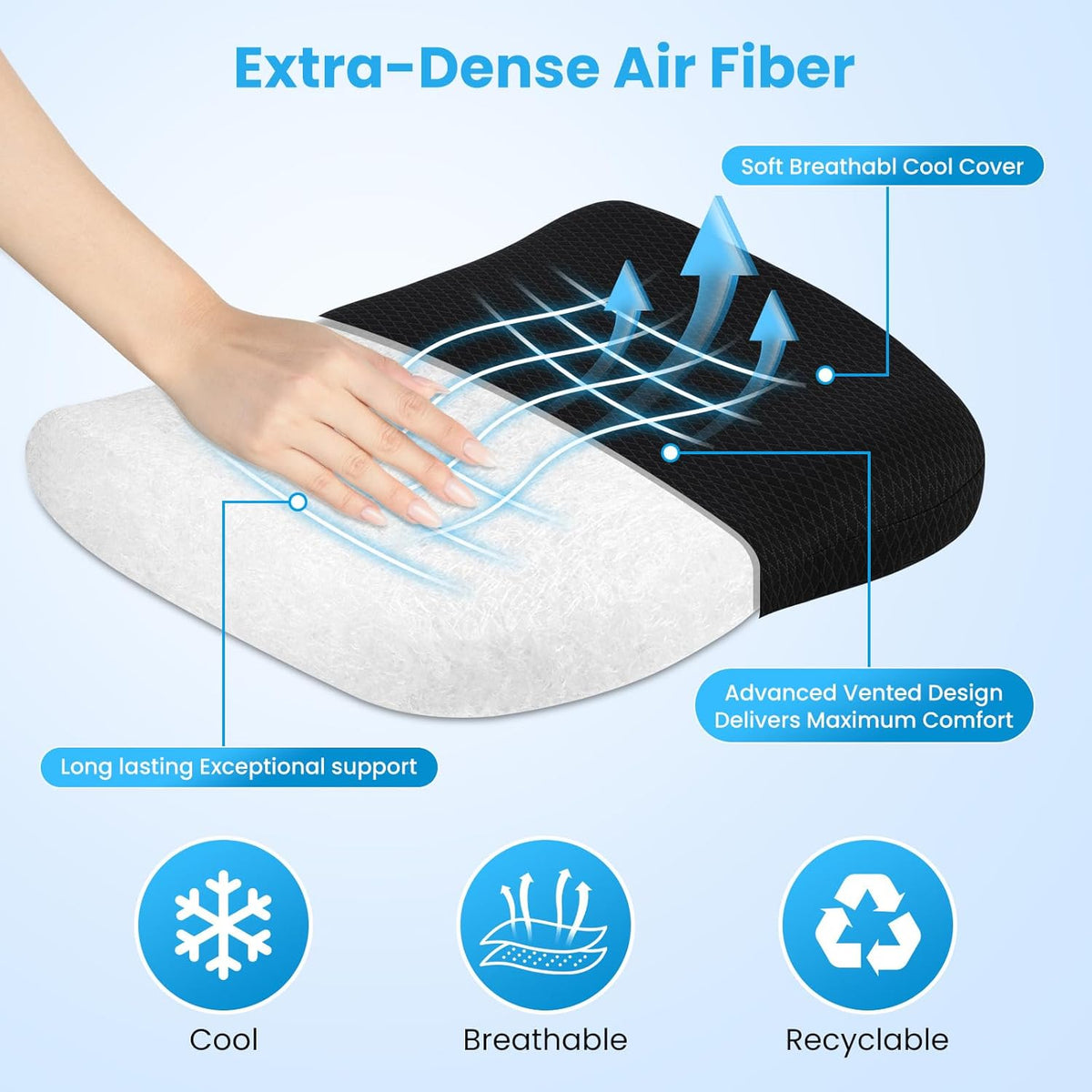 Office Chair Cushion - Breathable Pressure Relief Seat Cushion with Hours Sitting on Gaming/Car/Wheelchair, Extra-Dense Air Fiber for Orthopedic Coccyx, Sciatica & Hip Support (Black)