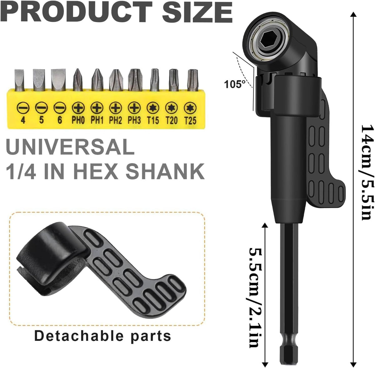 17pcs Flexible Drill Bit Extension, Include 3pcs Impact Socket Adapter 2pcs Hex Shank 105° Right Angle Drill Attachment 10 Short Screwdriver Bits Bendable Drill Bit Extension and 90° Angled Bits