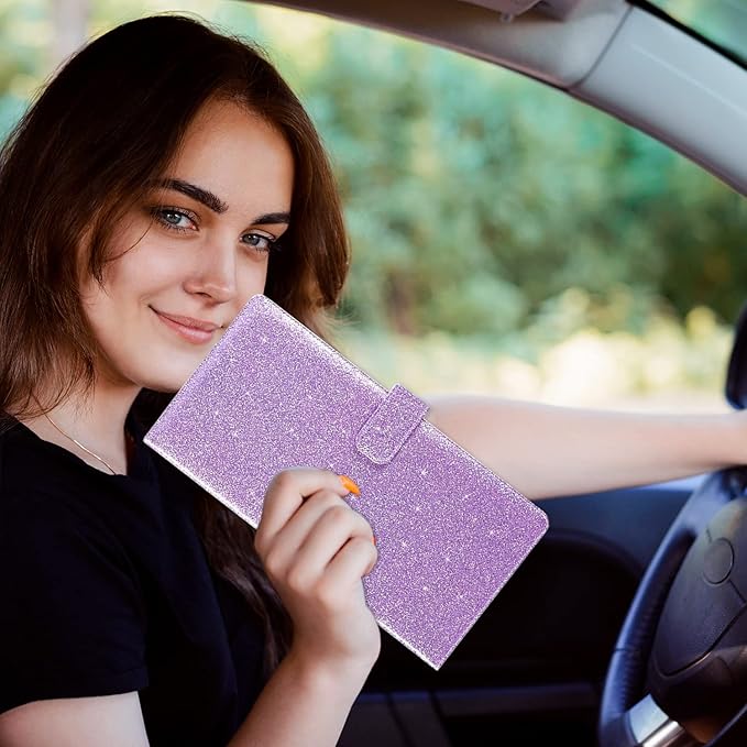RSAquar Car Registration and Insurance Holder, Vehicle Car Glove Box Organizer, Cool Car Accessories for ID, Driver License Cards & Essential Document, Men&Women, Purple Glitter