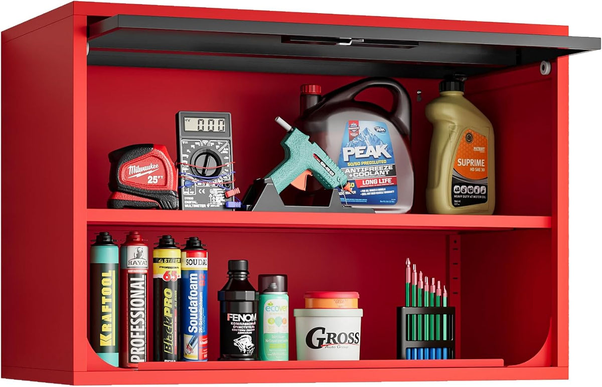 Metal Storage Cabinet Black Red Wall Cabinets with Shelf and Locking Door - Wall Mounted Storage Cabinet for Garage Warehouse Home Office - Assembly Required