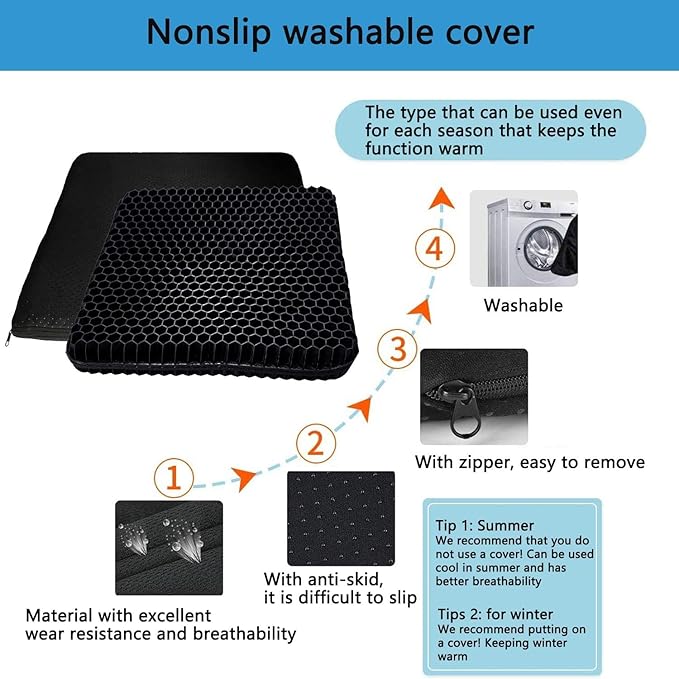 Gel Seat Cushion, for Long Sitting -Double Thick Gel Seat Cushion Breathable Honeycomb Chair Cushion with Non-Slip Cover for Office Chair Car, Wheelchair, Long Trips,Relief Sciatica Pain