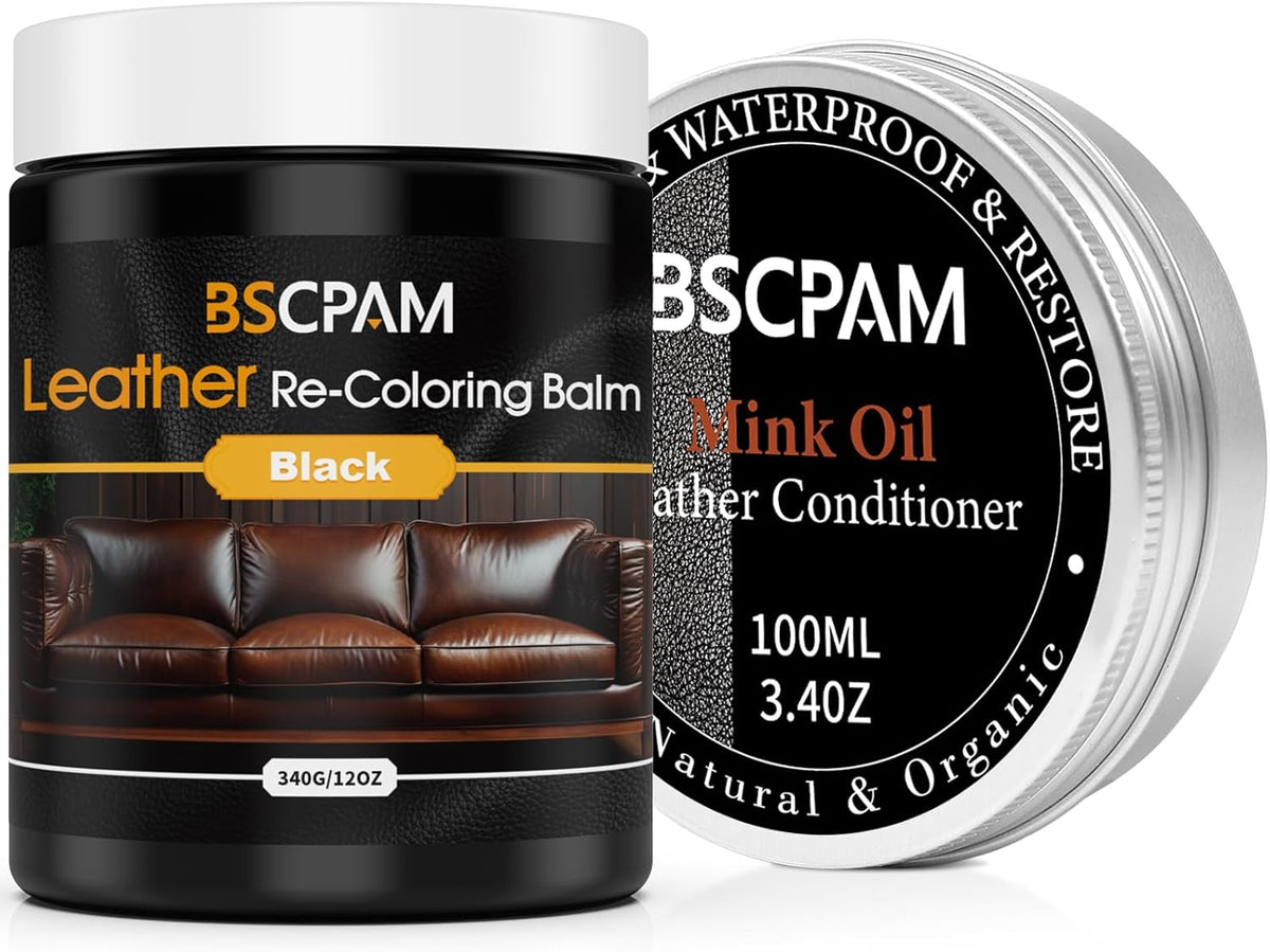 12oz Leather Recoloring Balm & 3.4oz Mink Oil Leather Conditioner kit,Black Leather Color Repair Kits for Couches, Leather Couch Paint Scratch Repair for Furniture Car Sofa Shoes Leather Dye