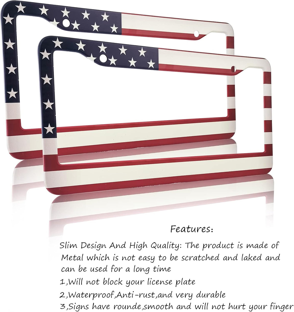 American Flag License Plate Frame,Patriotic License Plate Frame,Flag License Plate Frame US Car Tag Frames Holders Covers Stainless Aluminum 2 Pack 2 Holes Car Accessories