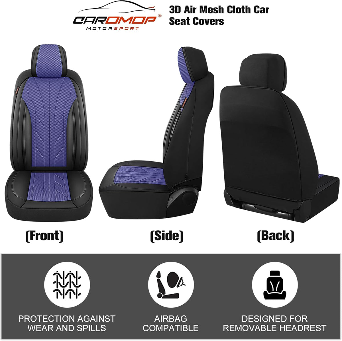 CAROMOP Luxury Faux Leather&Fabric Car Seat Covers 2 Front Seats with Breathable 3D Foam Back Support, Universal Seat Covers for Cars,Trucks,SUVs, Front Armrests Compatible(Black/Blue)