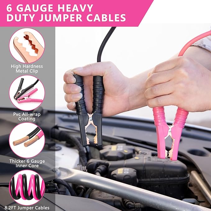 Car Emergency Kit with Portable Air Compressor - Roadside Assistance Emergency Kit with Jumper Cables, First Aid Kit, Auto Tool Set, Winter Safety Kit for Women, Men, Teen (Pink)