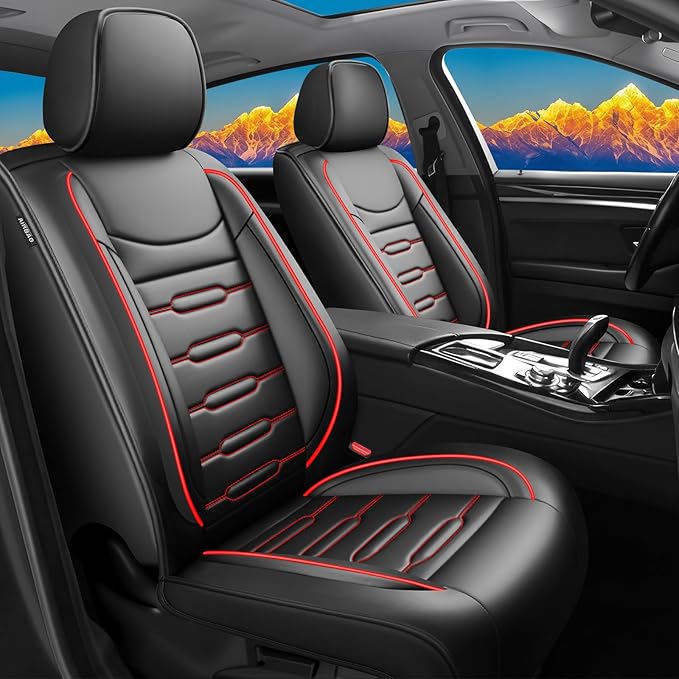 Fit Outback Car Seat Covers for Subaru Outback 2010-2024 2025 2026 - Upgraded Premium Waterproof & Breathable Leather, Airbag Compatible, All-Weather Seat Cushion Protector (2 Front/Black+Red)
