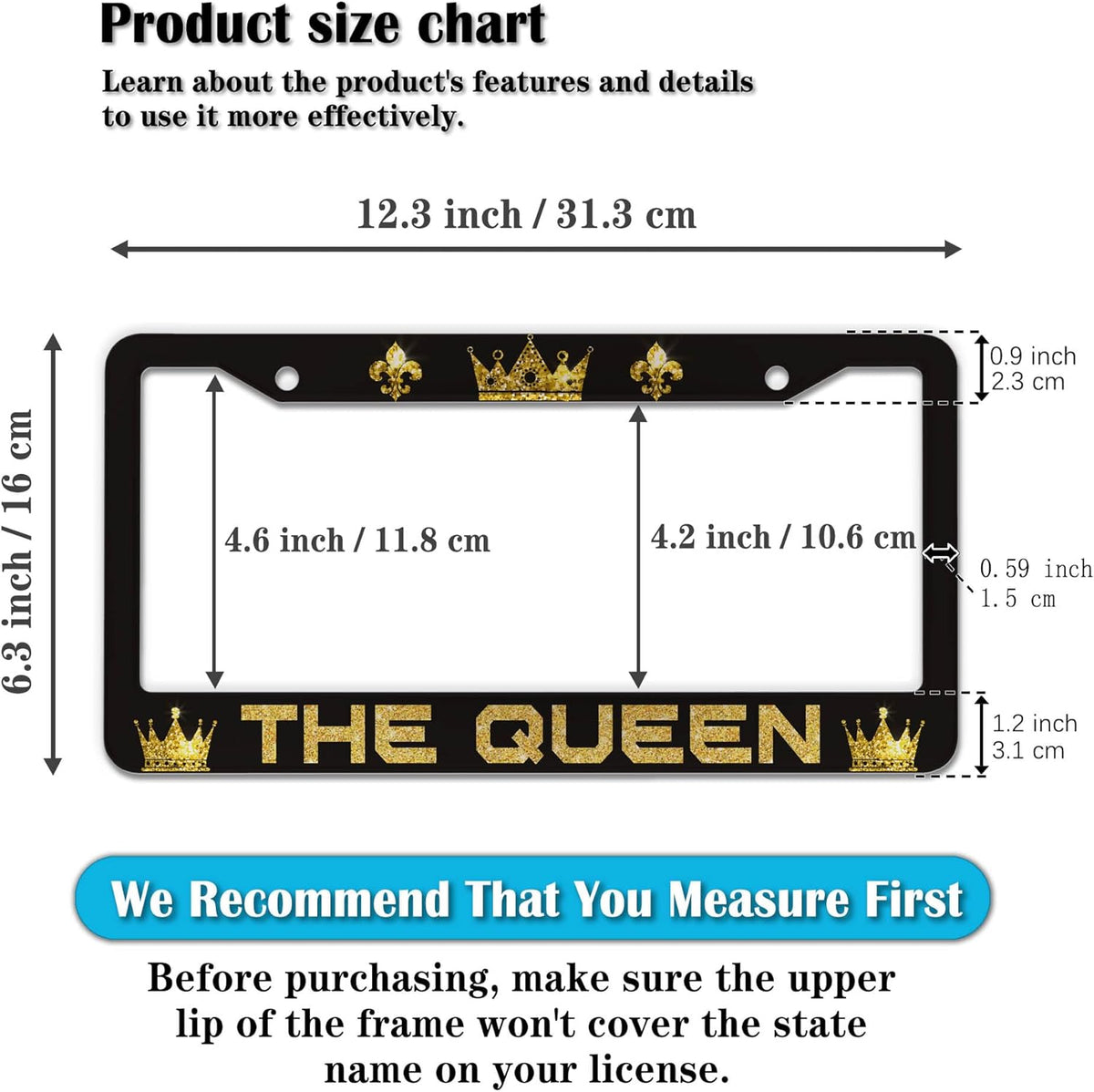 License Plate Frames Black Yellow Automotive Exterior Accessories The Queen Universal Aluminum Car Accessory 2 Pack with Screw Covers Set