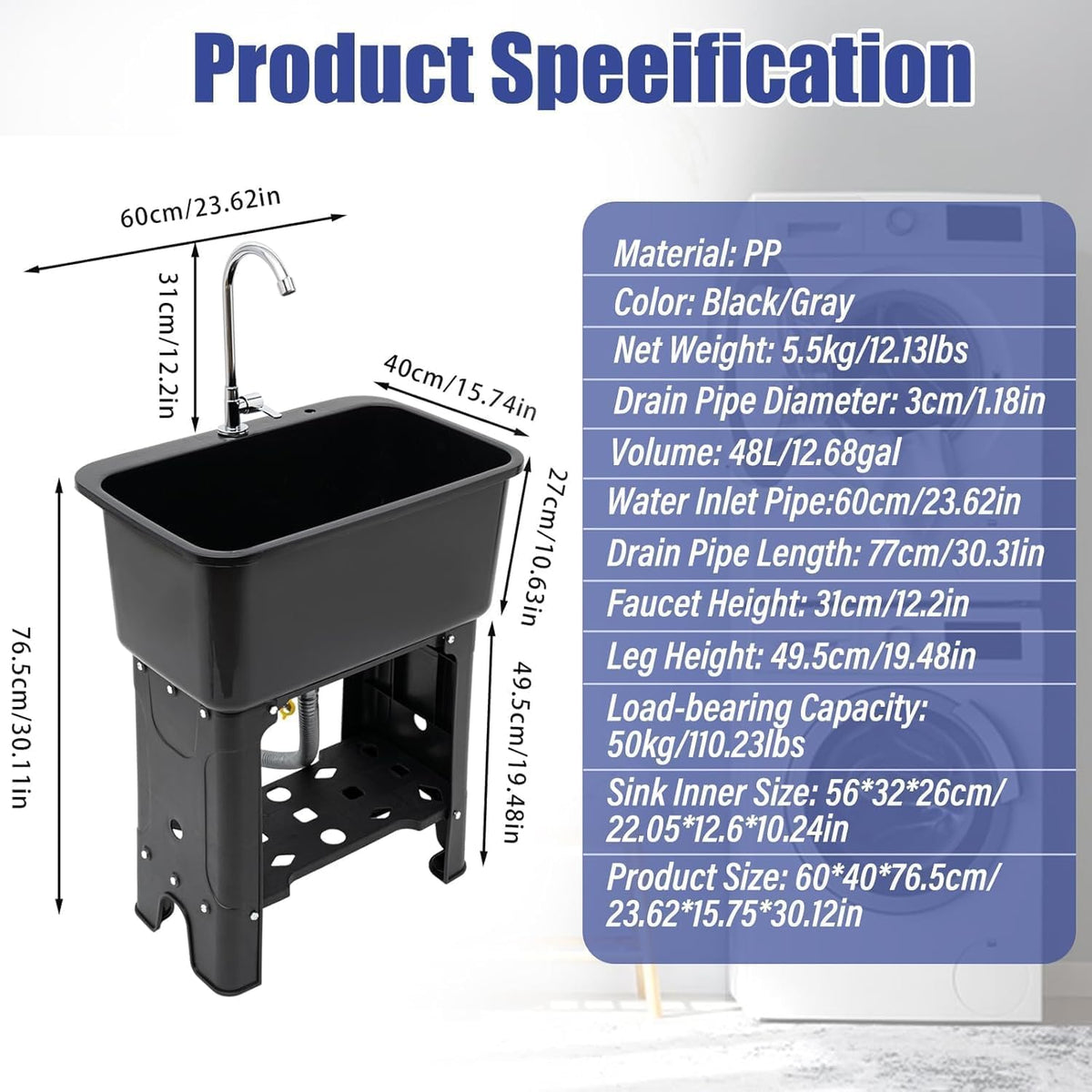 Free Standing Utility Sink with Washboard Laundry Tub Sink for Outdoor,Garage,Basement,Garden wuth Faucet,Drain,Storage Shelf (Black, 23.6 * 15.8 * 30.1in)